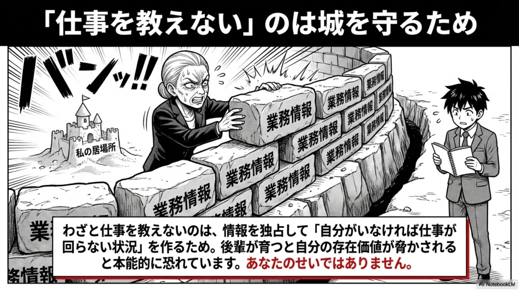 お局が後輩に業務情報を教えないのは、自分だけの城や居場所を守るために情報をブロックしているからだという状況を表したイラストです。
