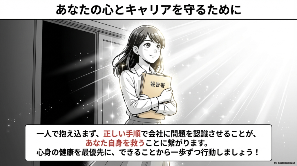 自分の心とこれからのキャリアを守るため、一人で抱え込まずに報告書を手にして明るい方へ一歩踏み出す女性のイラストです。