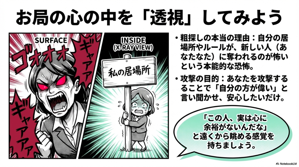 お局が監視や粗探しをする本当の理由は、自分の居場所が奪われる恐怖からであり、相手を攻撃することで安心したいだけであることを解説したスライドです。