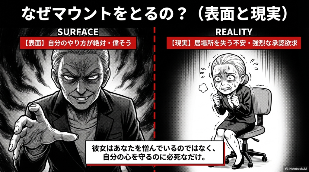 お局がマウントをとる理由は、表面上は偉そうにしていても、実は自分の居場所を失う不安や強い承認欲求があるからだという心理を図解した画像です。