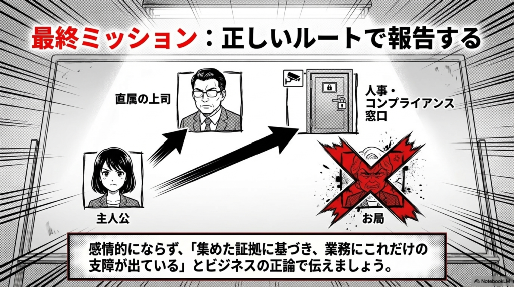 集めた証拠をもとに、感情的にならず直属の上司や人事など、正しいルートへ報告しに行く決意をした女性のイラストです。