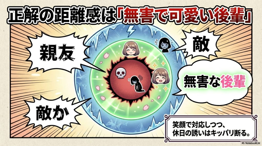 お局とは親友でも敵でもなく、笑顔で対応しつつも休日の誘いはきっぱりと断るような、無害で可愛い後輩のポジションが正解であることを示しています。