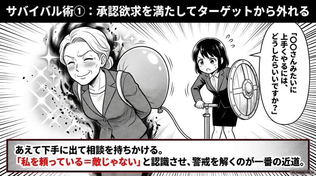 攻撃のターゲットから外れるために、あえてお局を頼り、風船のように承認欲求を膨らませてあげる上手な接し方を描いたイラストです。