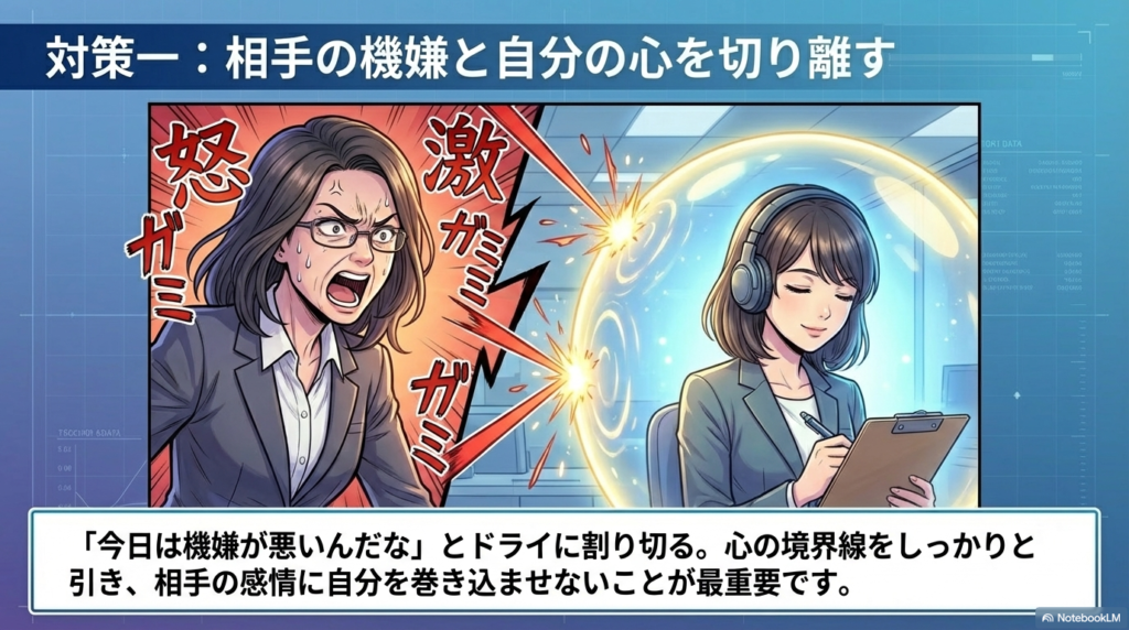 お局が激怒していても、心の境界線を引き、自分をバリアで守ってドライに割り切って仕事をする女性のイラストです