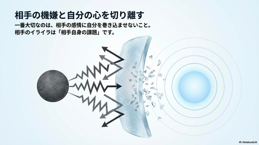 相手のイライラは相手自身の課題であると捉え、自分の心にバリアを張って相手の感情に巻き込まれないようにするイメージ図です