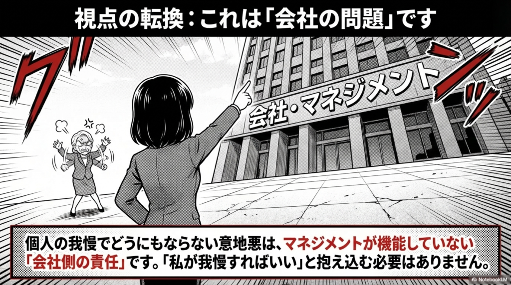 個人の我慢で解決しようとせず、お局の理不尽な態度はマネジメントが機能していない会社側の責任であるという、視点の切り替えを促す画像です。
