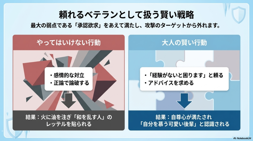 感情的な対立や正論で論破するといったやってはいけない行動と、経験を頼りアドバイスを求めて相手の承認欲求を満たす大人の賢い行動の違いを比較しています