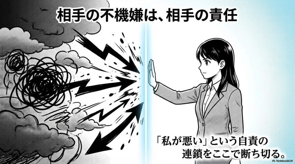 相手の不機嫌は相手自身の責任であり、「自分が悪い」と自分を責めてしまう自責の連鎖を断ち切ることの重要性を伝えたスライド画像です。