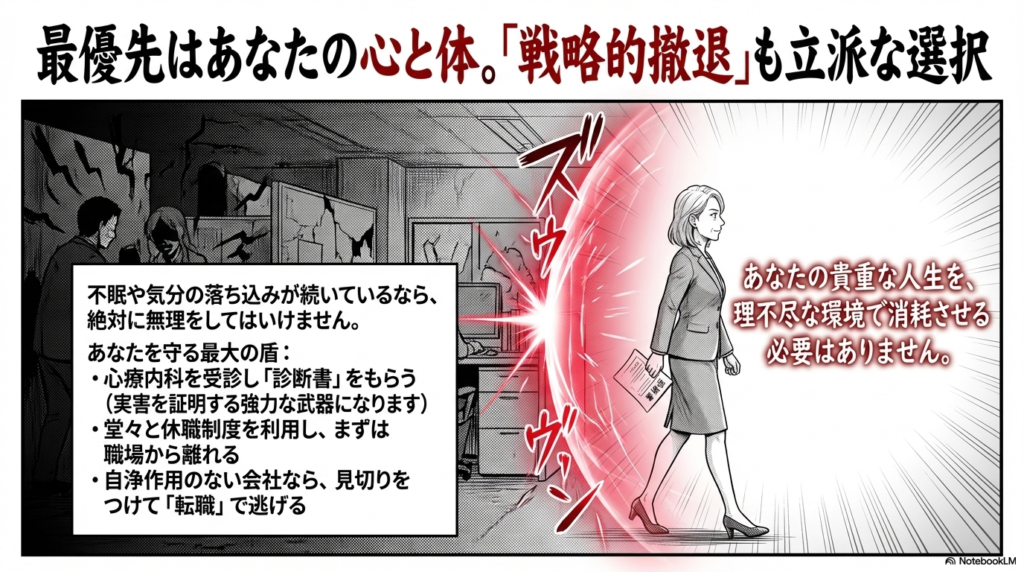 何よりも自分の心と体の健康を最優先にするため、無理をせずに心療内科を受診して休職したり、今の環境に見切りをつけて転職したりする選択肢について説明したスライドです。