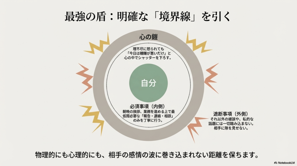 相手との間に明確な境界線を引くため、挨拶や業務連絡などの必ず行うことと、雑談などの避けるべきことを分けて、心の鎧を作る方法を図解しています。