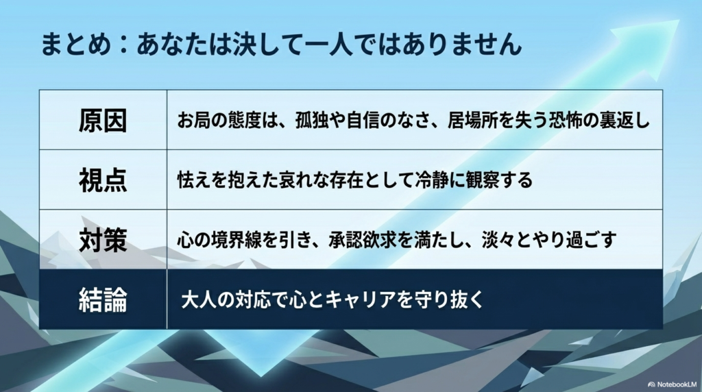 お局の態度の原因、それを見る視点、具体的な対策、そして大人の対応で心とキャリアを守り抜くという結論をまとめた表です