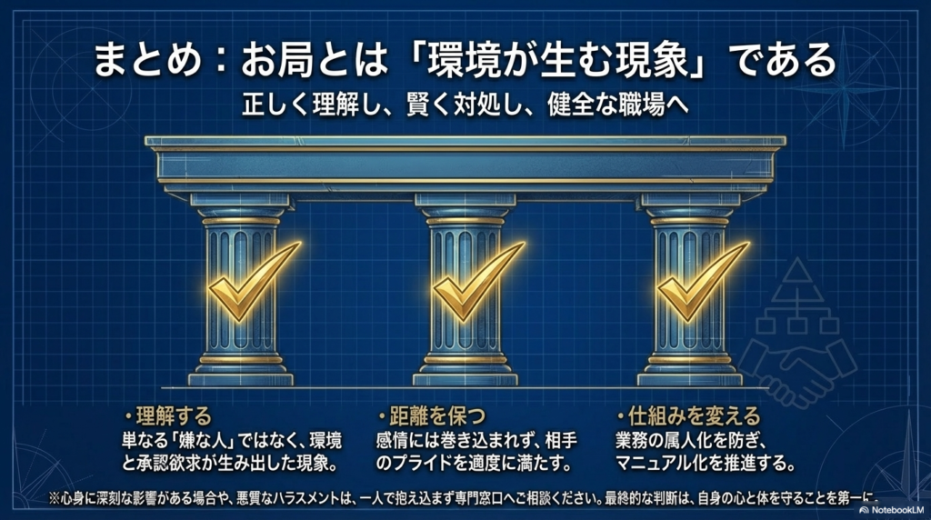 お局問題は単なる性格の問題ではなく環境が生み出す現象であり、相手を正しく理解して距離を保ちつつ、業務の仕組みを変えることで健全な職場を目指すという記事のまとめです。