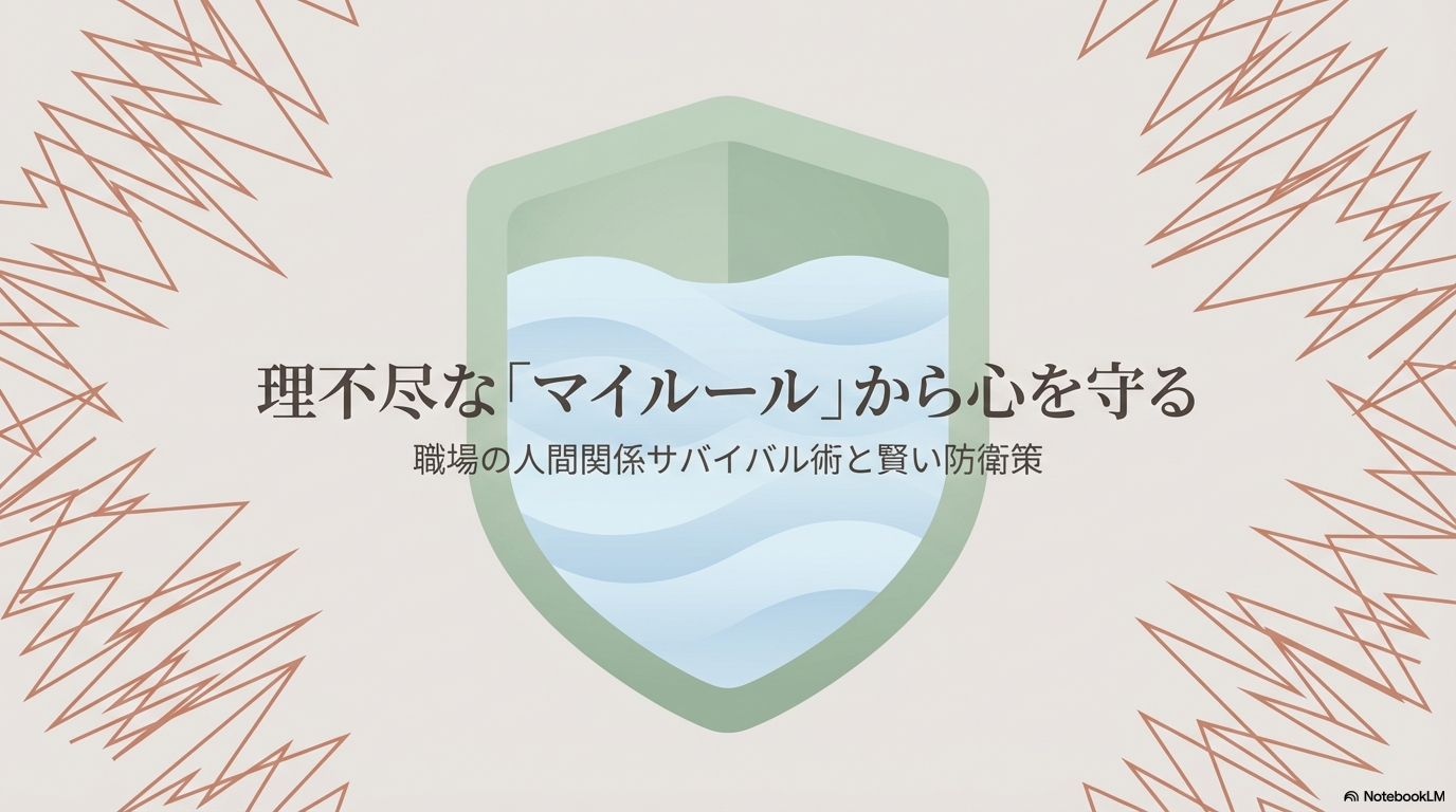 理不尽なマイルールから心を守るための、職場の人間関係サバイバル術と賢い防衛策のタイトルスライドです。