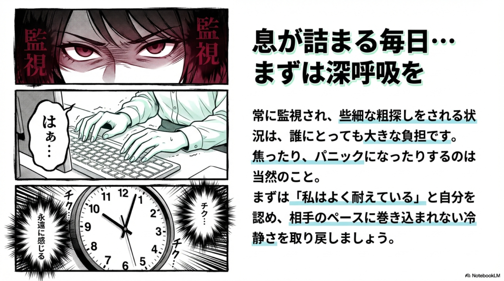 お局からの監視で息が詰まる時は、まずは深呼吸をして「私はよく耐えている」と自分を認め、冷静さを取り戻すことを勧めるスライドです。