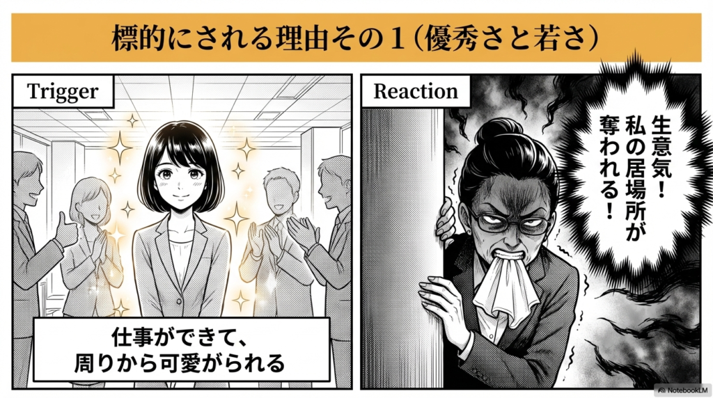 仕事ができて周りから可愛がられる若手社員を見て、自分の居場所が奪われると焦り、生意気だと嫉妬するお局のイラスト