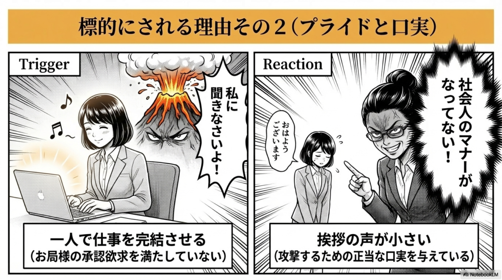一人で仕事を完結させる姿に不満を持ち、挨拶の声が小さいといった細かい社会人マナーを理由に攻撃の口実にするお局のイラスト