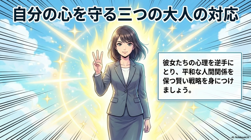 お局の心理を逆手にとり、職場の平和な人間関係を保つための賢い3つの戦略について解説するスライドです