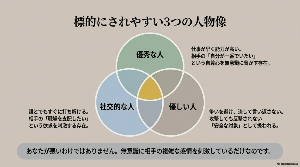優秀な人、社交的な人、優しい人という、職場で標的にされやすい3つの人物像を図で表しています。