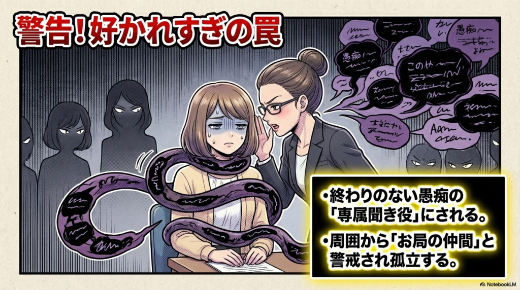 お局に好かれすぎると、終わりのない愚痴の聞き役にされたり、周囲から孤立してしまったりする危険性があることを警告する図解です。