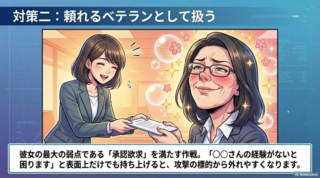 お局の承認欲求を満たすために、笑顔で書類を渡し、頼れるベテランとして持ち上げることでご機嫌をとる若い女性のイラストです