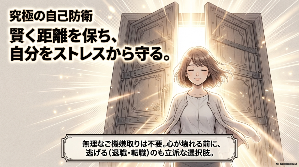 無理なご機嫌取りはせず、心が壊れてしまう前に退職や転職で逃げることも、自分を守るための立派な選択肢であると伝えています。