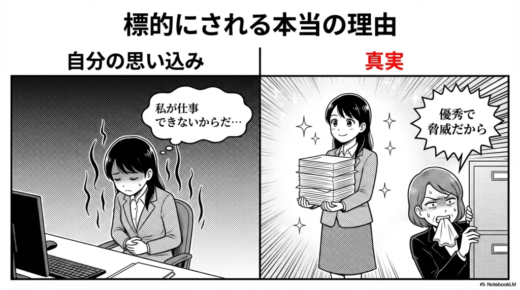 お局の標的にされるのは「仕事ができないから」という自分の思い込みではなく、実は「優秀で脅威だから」という真実を説明したスライド画像です。