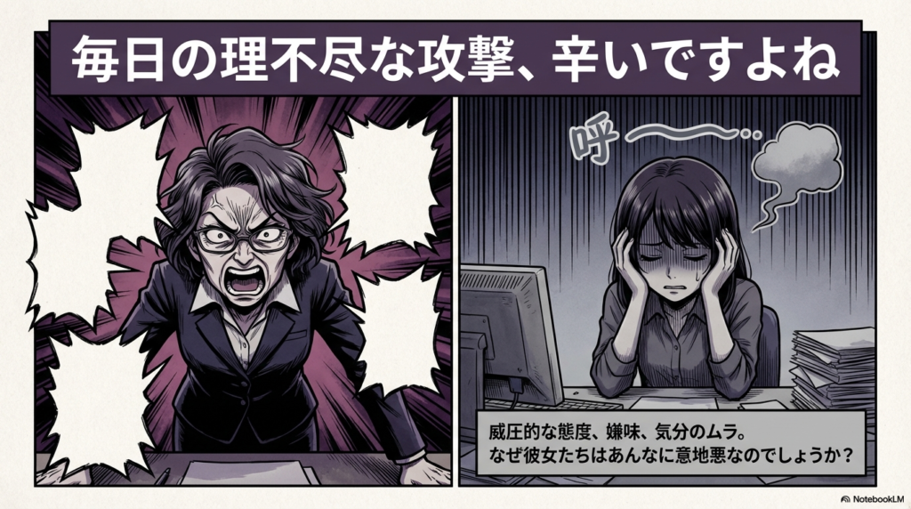 お局からの威圧的な態度や嫌味など、毎日の理不尽な攻撃に頭を抱えて悩んでいる若い女性のイラストです