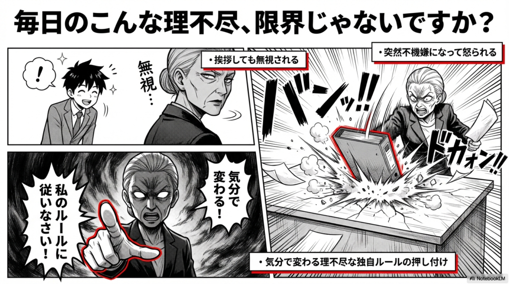 お局がその日の気分によって理不尽な独自のルールを押し付けてきて、机をバンッと強く叩いて怒っている様子を描いたイラストです。