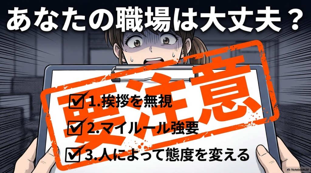 挨拶の無視やマイルールの強要など、職場で周りから煙たがられる行動がないかを確認するためのチェックリストです。