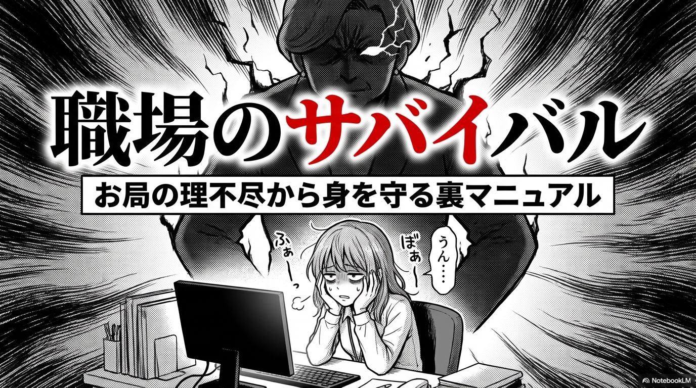 職場の理不尽なお局から身を守るためのサバイバル術をまとめたマニュアルの表紙画像です。