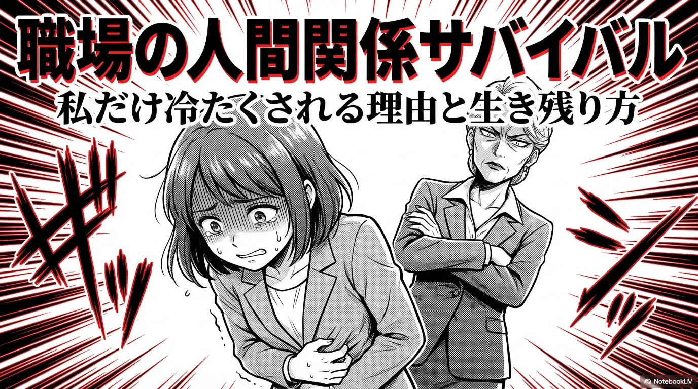 職場の人間関係サバイバルとして、お局が自分にだけ冷たい理由と生き残り方を解説したスライドの表紙画像です。