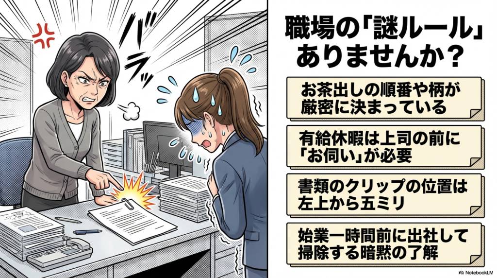 お茶出しの柄の指定や書類のクリップを留める位置の厳密なルールなど、職場で実際に横行している理不尽な謎ルールの具体例を挙げています。