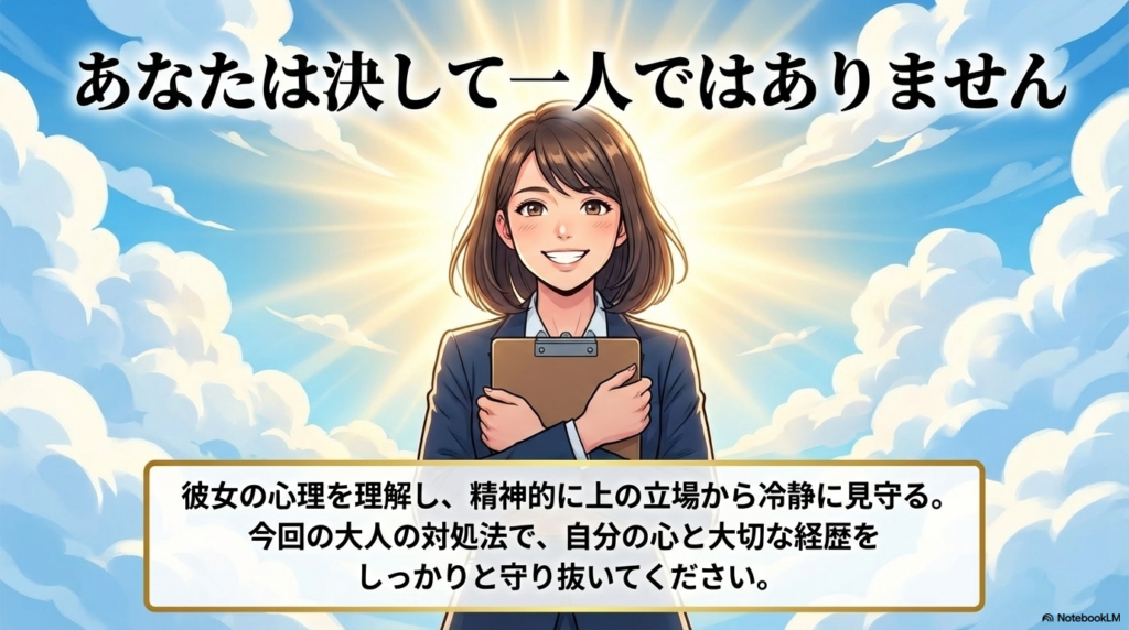 あなたは一人ではないというメッセージと共に、自分の心と経歴を守り抜くよう優しく微笑みかける女性のイラストです