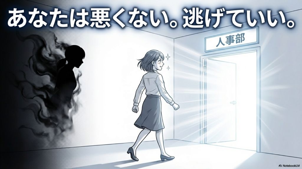職場の人間関係で悩む人に向けて、自分を責めずに人事部に相談したり逃げてもいいというメッセージを伝えるスライドです。