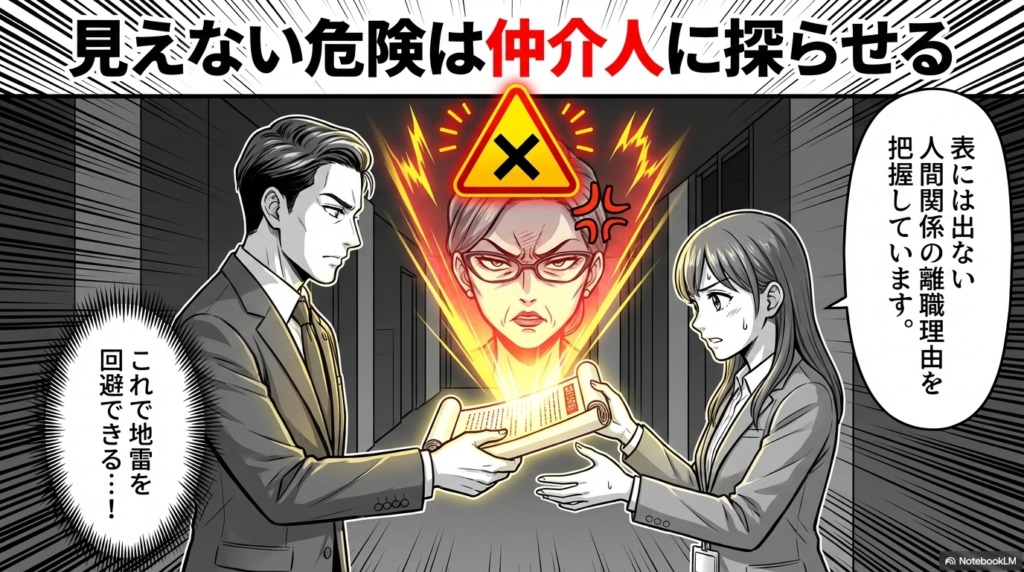 求人票には表れない人間関係などの離職理由を、仲介人を通して事前に把握することで地雷を回避できることを示したスライドです
