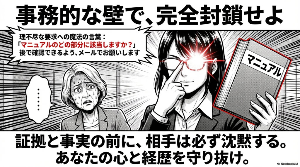 理不尽な要求に対して、マニュアルのどこに書いてあるかを確認したり、メールでのやり取りをお願いしたりして、冷静に壁を作る方法を説明した画像です。