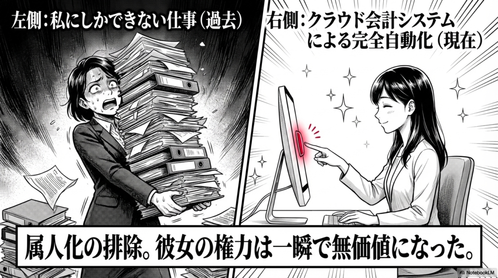クラウド会計システムの導入によって業務が完全に自動化され、お局だけが抱え込んでいた仕事が奪われて権力が無価値になったことを比較した画像