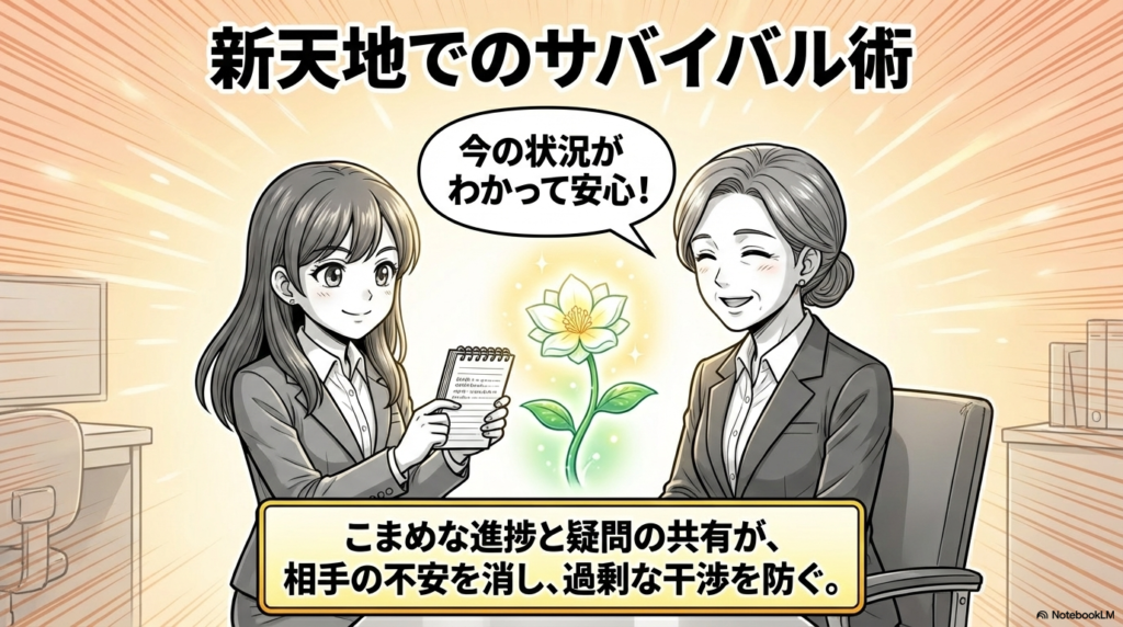新しい職場では、こまめな進捗と疑問の共有が相手の不安を消し、過剰な干渉を防ぐことにつながると解説したスライドです