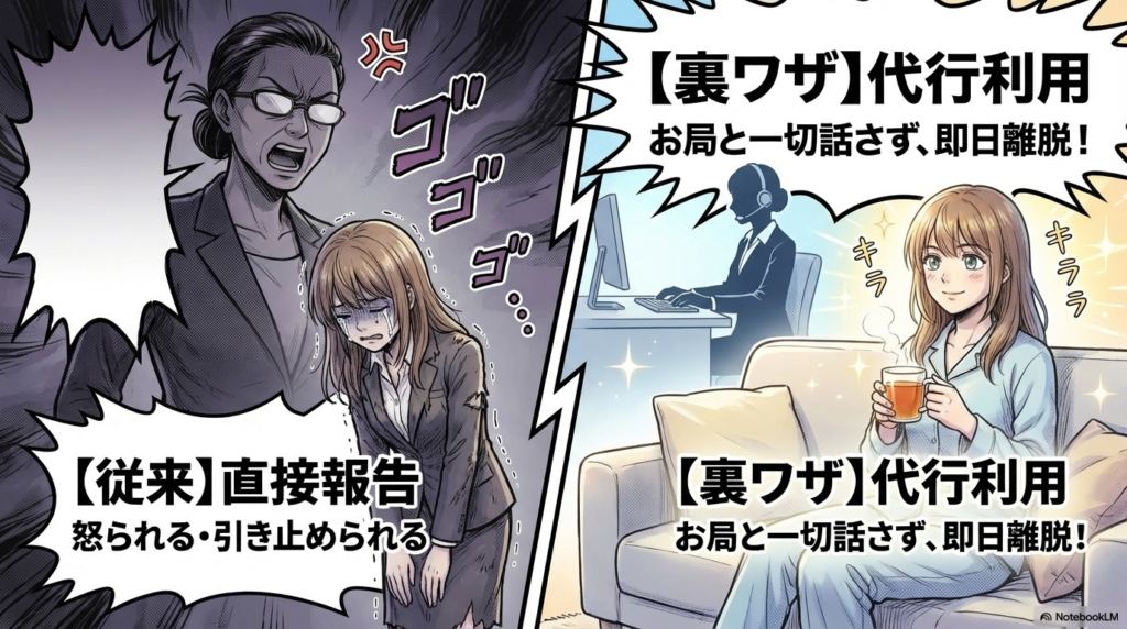 怒られたり引き止められたりする直接の報告と比べ、退職代行を使えばお局と一切話さずに即日で職場を離脱できることを比較したスライド画像です。