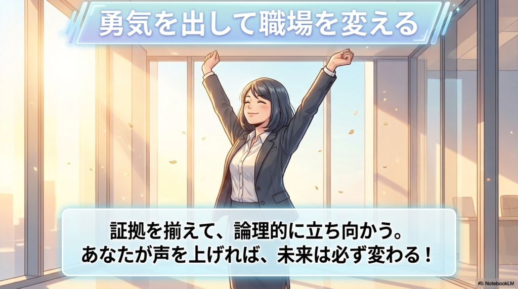 証拠を揃えて論理的に立ち向かうことで、自分らしい職場環境を取り戻し、未来を変えていこうという力強いメッセージです。