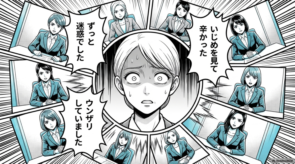 同僚たちが人事部との面談で、お局に対して「ずっと迷惑でした」「ウンザリしていました」と溜まっていた不満を打ち明けている様子です。