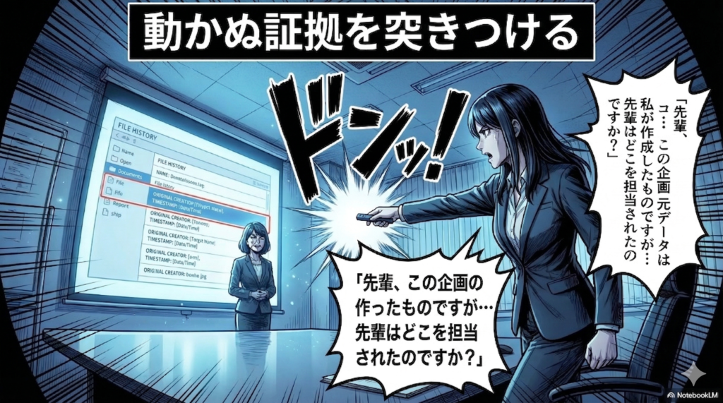 会議の場で企画データの作成履歴（タイムスタンプ）を突きつけ、お局の嘘を論理的に暴いていく反撃のシーンを描いています。