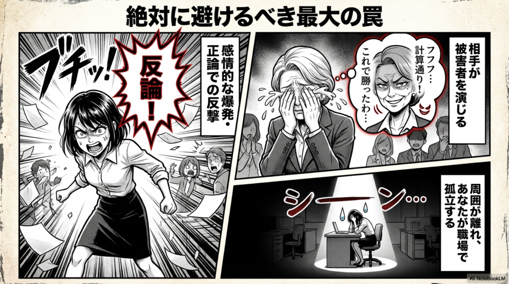感情的に怒ったり正論で言い返したりすると、相手が被害者を演じてしまい、結果的に自分が職場で孤立してしまうリスクを説明した画像です。