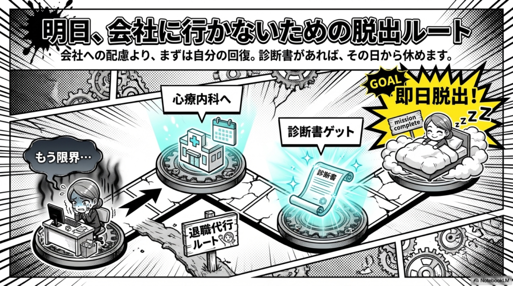 会社への配慮よりも自分の回復を優先し、心療内科で診断書をもらうルートや退職代行を使うルートがあることを案内しています。