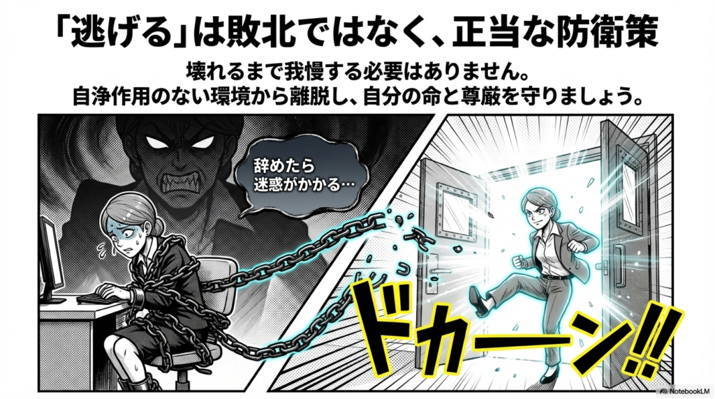 辞めたら迷惑がかかるという鎖を引きちぎってドアを開け、壊れるまで我慢せずに逃げることは正当な防衛策であることを表現しています。