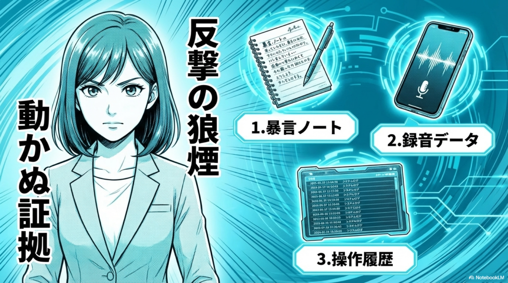 いじめを受けていた若手が用意した、暴言を記録したノート、録音データ、パソコンの操作履歴などの決定的な証拠です。