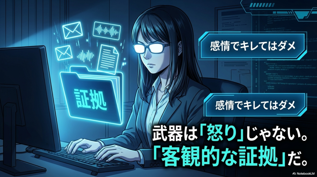 感情的にキレるのではなく、客観的な証拠を武器に戦うことが重要であることを強調するチェックポイントの図解です。
