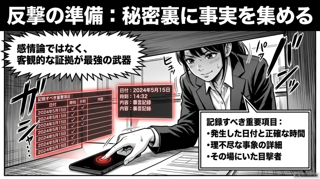 いつ、何時何分に、どんな理不尽なことが起きたのか、目撃者はいたかなどの客観的な証拠を秘密裏に記録して、反撃の準備をする手順を示した画像です。