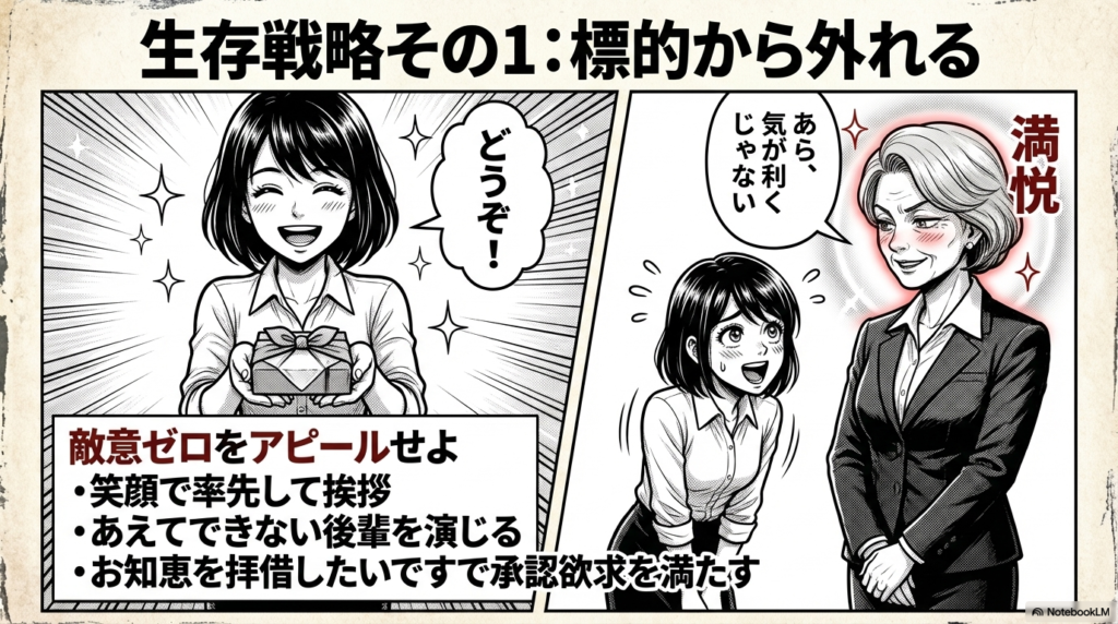 笑顔で挨拶をしたり、あえて教えを乞う態度をとったりして、お局に敵意がないことをアピールし、攻撃のターゲットから外れるための戦略をまとめた画像です。