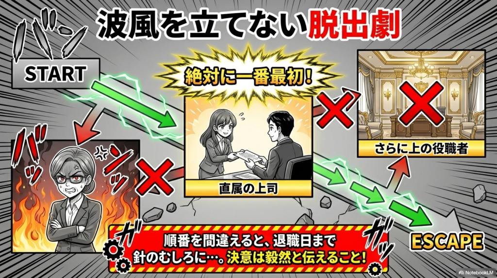 退職を伝える際は、さらに上の役職者ではなく、必ず一番最初に直属の上司へ毅然と伝えるべきであることを説明したスライドです
